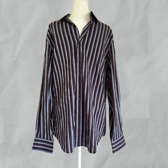 Express 1MX Men's Dress Shirt Brown Stripe Button-Up Shirt - Picture 1 of 7